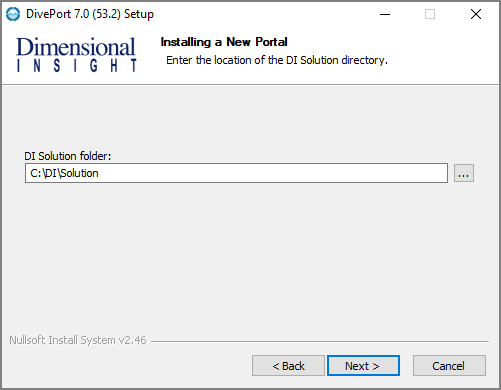 The Installing a New Portal page of the DivePort Set Up Wizard.